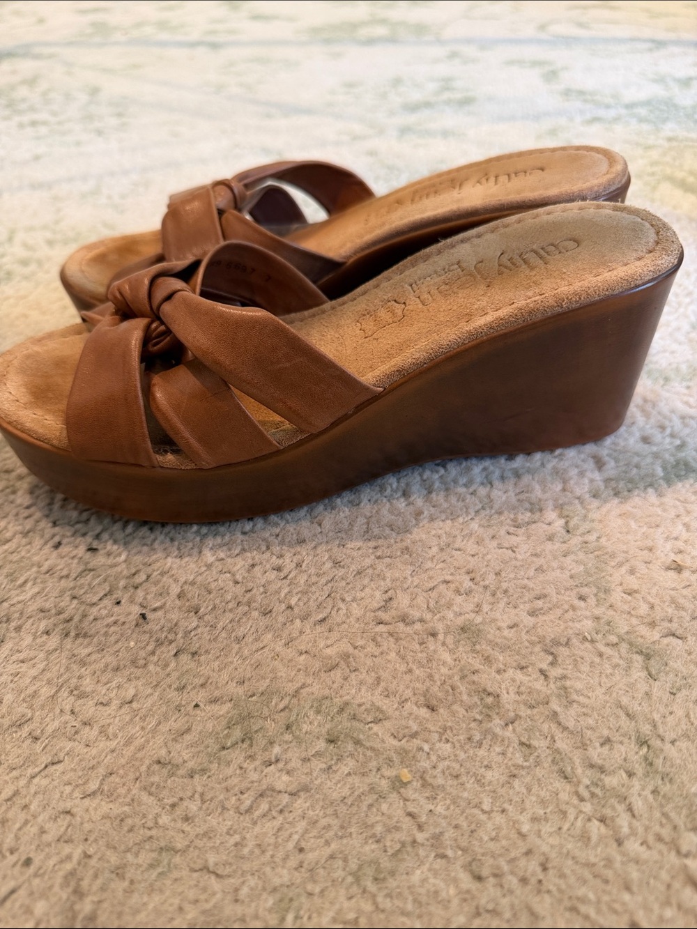 Cathy Jean Vintage Cognac Knotted Leather Wedge Slides 90s Y2K Made in Brazil - Picture 2 of 5